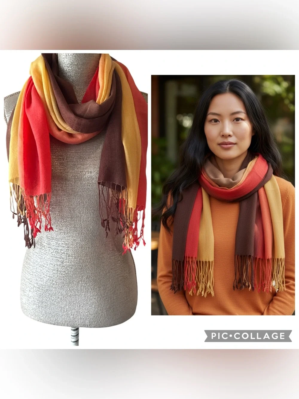 100% Pashmina Brown Yellow Orange Fall Ombré Fringe Scarf OS